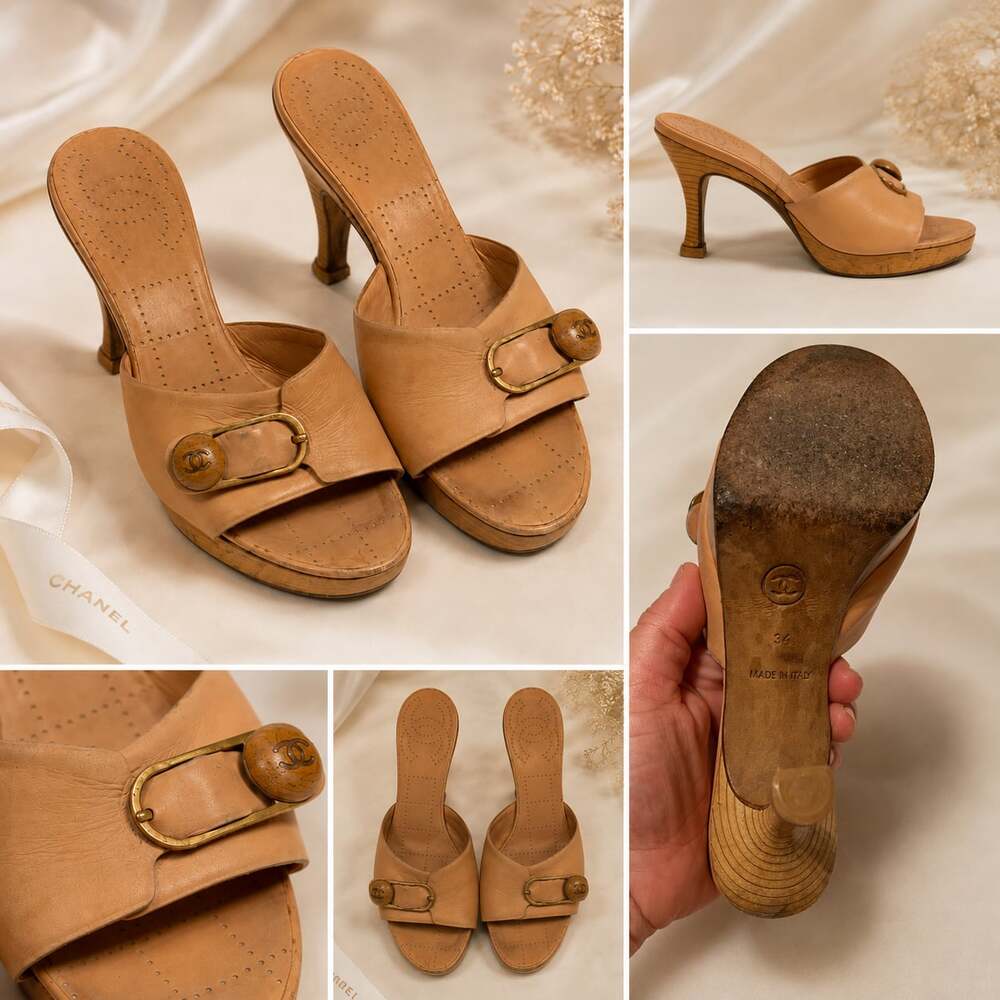 Chanel Vintage Wooden Platform Mule Heels in Beige Leather with CC Buckle Detail